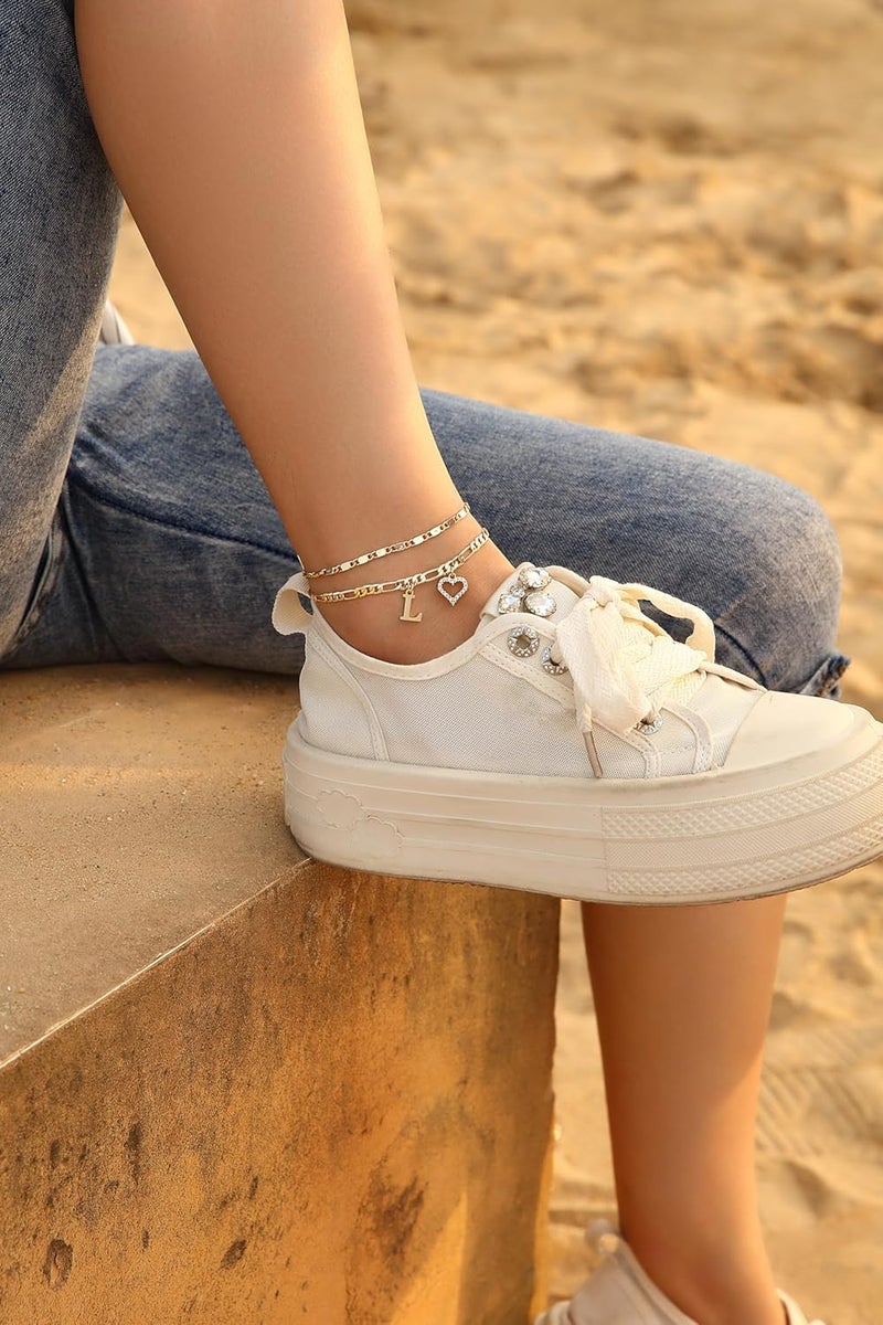 Wremily Initial Ankle Bracelets for Women Waterproof 14K Gold Plated Dainty Layered Figaro Chain Letter Initial CZ Heart Ankle Bracelets Set Summer Beach Jewelry for Women - Image 2